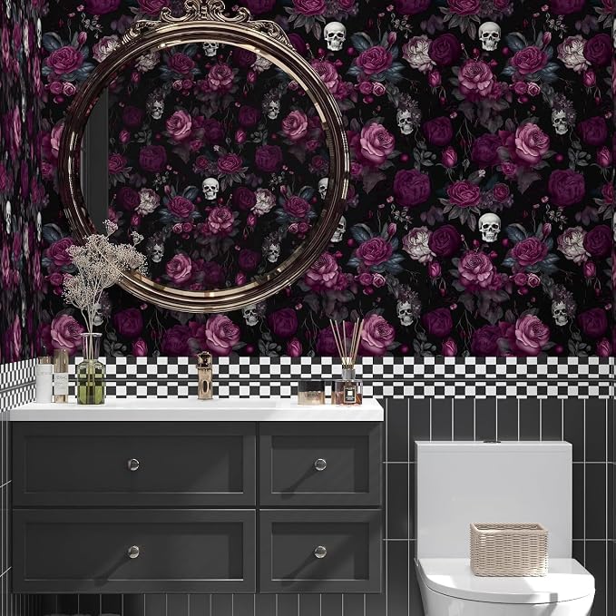 ILHIIOR Black Floral Gothic Peel and Stick Wallpaper 17.5 x 78 Inches | Leaf Removable Self Adhesive Waterproof Contact Paper, Renter Friendly Decor for Cabinets, Drawers & Bedroom Walls