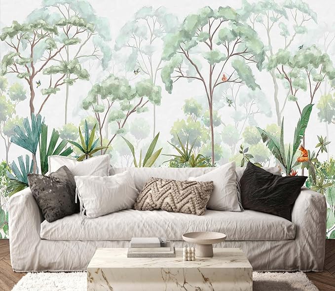 Jdayda Tropical Forest Wallpaper Mural Green Botanical Leaves Rabbit | 127"x96" Not Self-Adhesive Wall Mural Watercolor Art for Bedroom Living Room