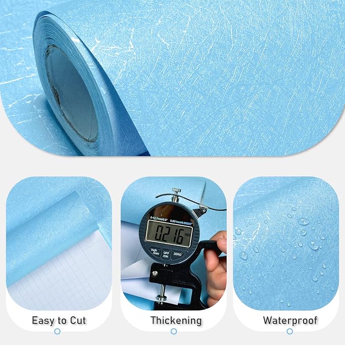 Cohoo Home Blue Peel and Stick Wallpaper Silk Solid Light Blue Contact Paper for Walls Embossed Textured Self-Adhesive Removable Wallpaper Bedroom Bathroom Waterproof Drawer Liner 15.7inW 197inL
