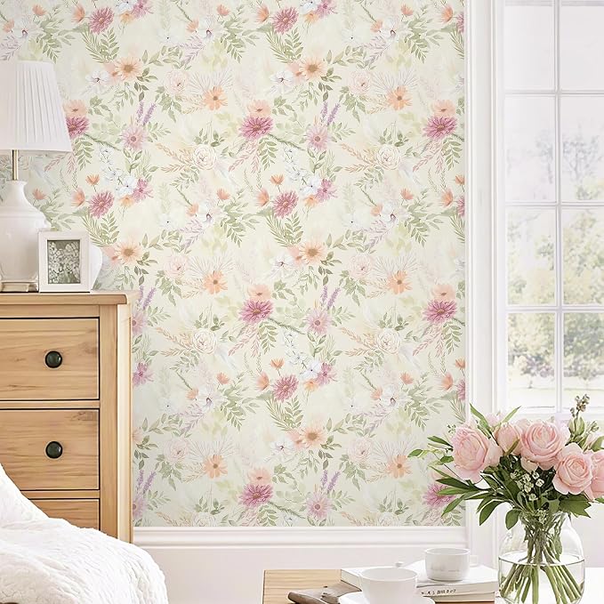 Dimoon Floral Peel and Stick Wallpaper Beige Boho Wallpaper Neutral Cottage Contact Paper Bathroom Cabinets Farmhouse Wall Paper Renter Friendly Removable Waterproof Kitchen Vinyl 362"x17.3"