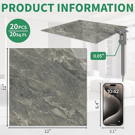 20-Pack 19.34 Sq.Ft Peel and Stick Floor Tiles Vinyl Glossy Pattern Flooring, 11.8” x 11.8” Self Adhesive Vinyl Flooring DIY for Kitchen, Bathroom, Laundry, Polish Dark Grey Marble