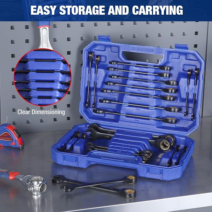 WORKPRO 22-Piece Ratcheting Wrench Set, Metric 6-18mm & SAE 1/4-3/4" | Anti-slip Teeth, Organizer Box, for Home Project, Machinery