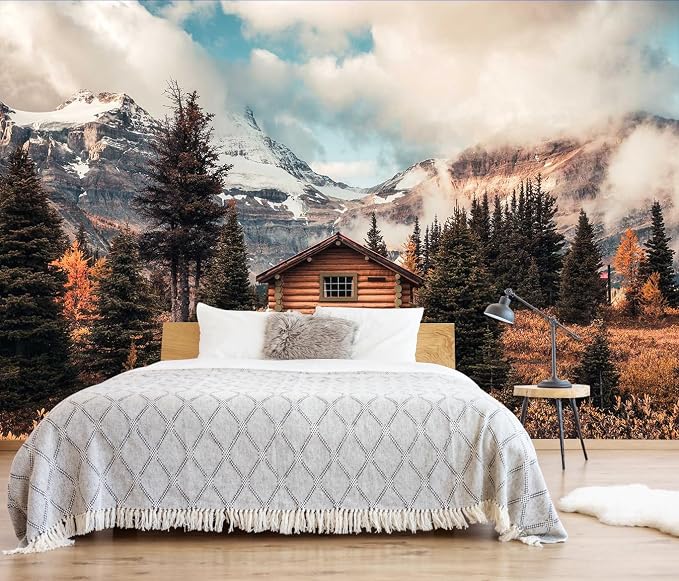 Toolhom Assiniboine Mountain Chalet Mural in Autumn Forest | 127"x77" non-self-adhesive for Living Room, Dining Room, Bathroom Backdrop Decoration