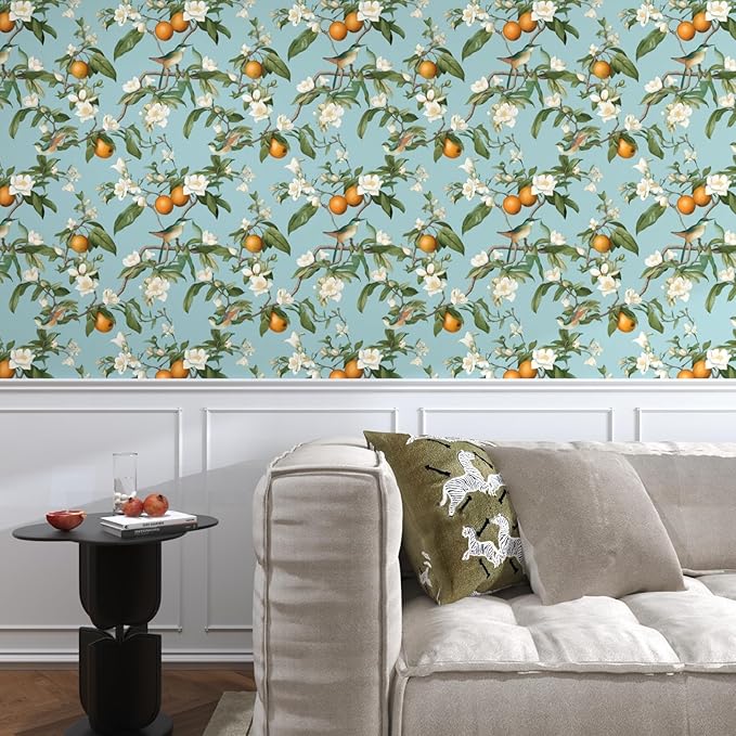 Laatse Blue Bird Wallpaper Peel and Stick, Vintage Floral Fruit Contact Paper 17.5" x 393.7", Self Adhesive Removable Waterproof Retro Wall Mural for Room Walls Shelves Cabinet Drawer Table Decor
