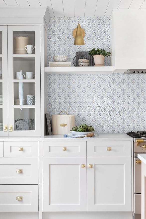Dimoon Blue Peel and Stick Wallpaper Retro Floral Contact Paper Vintage Boho Cute Wallpaper Renter Friendly Removable Geometric Wall Paper for Bathroom Kitchen Textured Vinyl 17.3''x197''