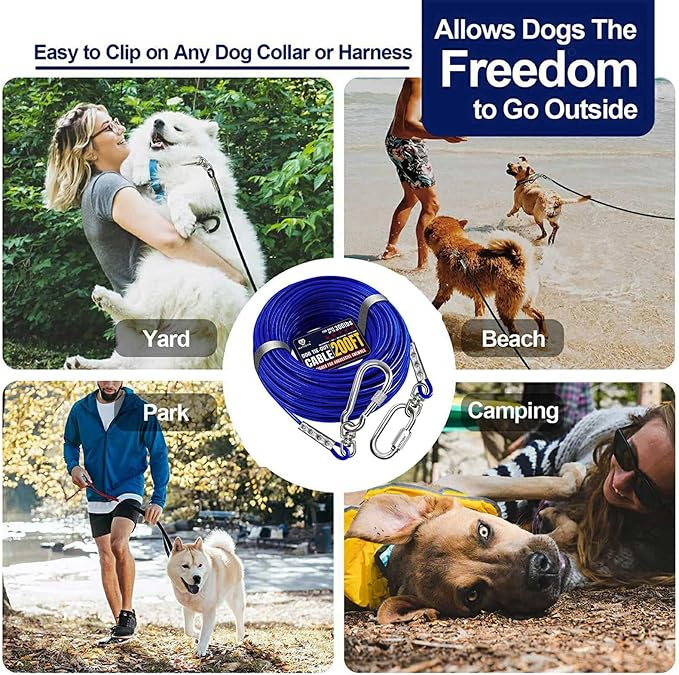 Tie Out Cable for Dogs Up to 300lbs,200ft Extra Strong 1000lbs Break Strength Tie-Out Tether Trolley Training Lead,Dog Run Cable for Yard Garden Park Camping Outside (Blue, 300lbs 200ft)