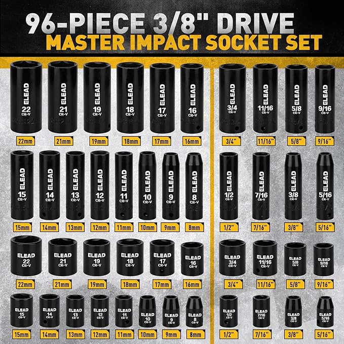 96-Piece 3/8" Drive Impact Socket Set, SAE(5/16 to 3/4-Inch) & Metric(8-22mm), Standard & Deep Sockets, Ratchet Handle, Bit Set, Universal Joint, Extension Bar, Adapters, Spark Plug Sockets