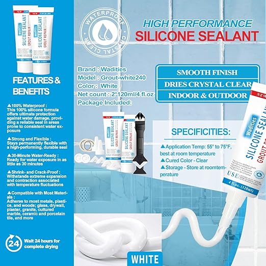 8Oz White Waterproof Caulk & Seal Silicone Sealant, Wadities Tile Grout Repair Kit with Grout Remove Scraper, Shrink & Crack Proof for Bathroom, Shower, Kitchen, Floor (4Oz, Pack of 2)