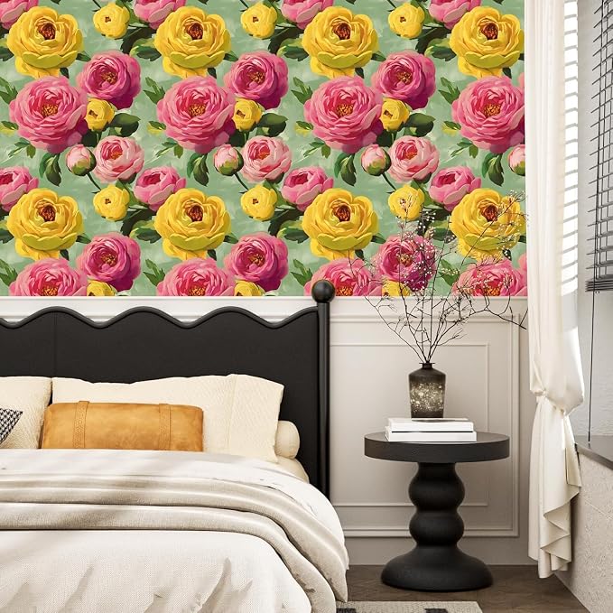BOKEBEVE Floral Wallpaper Peel and Stick Boho Pink Green 17.5 x 393.7In | Extra Long Removable Renter Friendly Colorful Watercolor Wall Paper for Bedroom Bathroom Living Room Feature Accent Wall