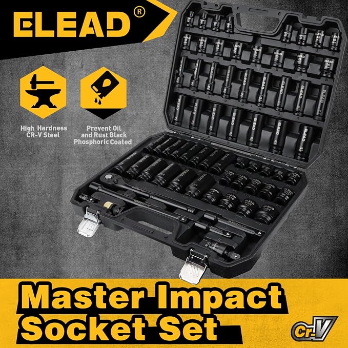 67 Piece 1/2" Drive Deep Impact Socket Set: Standard SAE (3/8"-1-1/4") & Metric (8-24 mm), Including 3 ", 5", 10" Extension Bar, Universal Joint, Ratchet Handle and Adapter