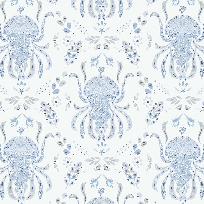 Dimoon Blue Peel and Stick Wallpaper Coastal Contact Paper Bathroom Ocean Beach Wallpaper Boho Jellyfish Renter Friendly Nautical Waterproof for Nursery Kitchen Bedroom Vinyl 17.3''x360''
