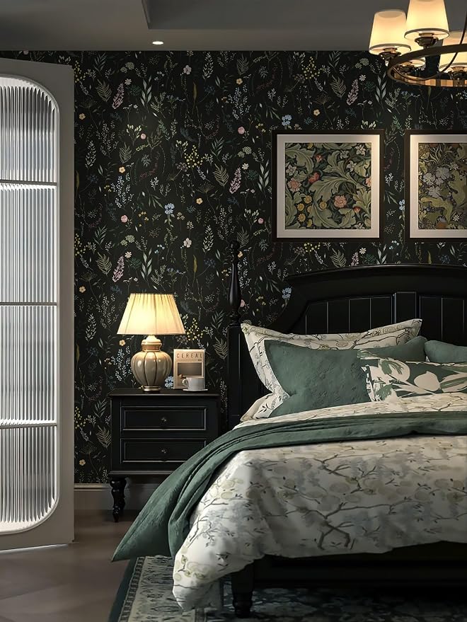 Dimoon 787"x16.1" Floral Peel and Stick Wallpaper Black Contact Paper Thicken Wallpaper Delicate Flower Waterproof Green Leaf White Self Adhesive Removable Wall Paper Shelf Liner Decal Vinyl Roll