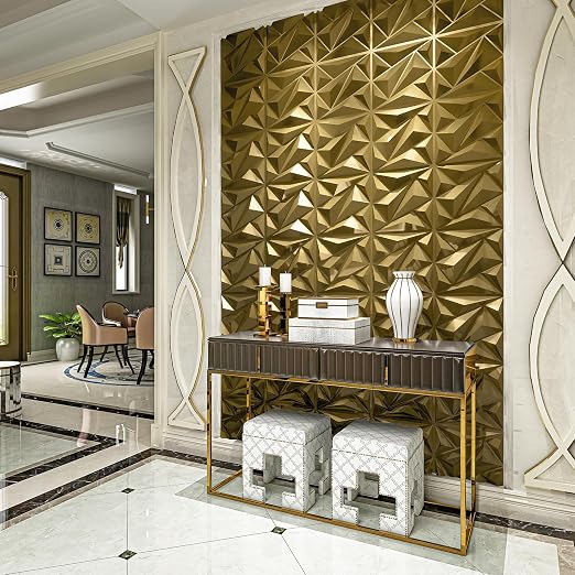 33 Pack 3D Wall Panel Diamond for Interior Wall Décor, PVC Textured Wall Panels, 12''x12'' Cover 32.Sq.Ft. Golden