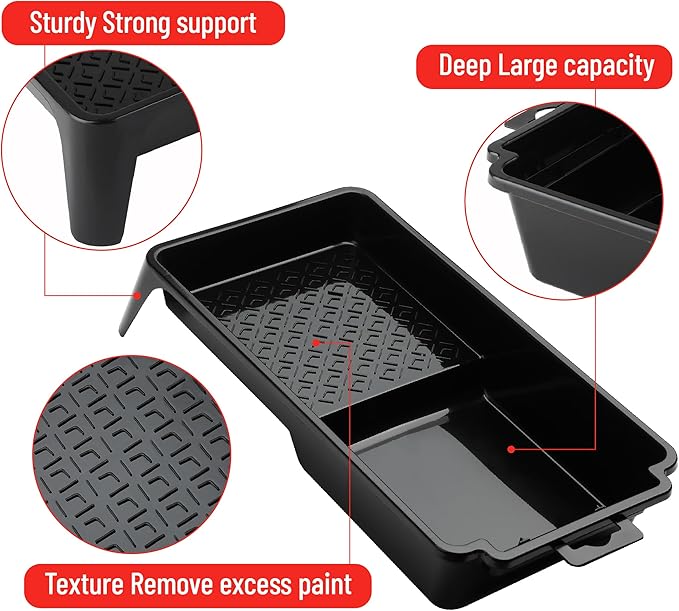 Bates- 4 Inch Paint Tray, 3 Pack, Black, Plastic 4 Inch Paint Roller Tray, Deep Capacity, Textured Ridge