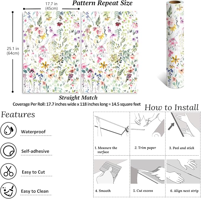 VEELIKE 17.7''x118'' Watercolor Field Flower Wallpaper Peel and Stick Vintage Floral Wallpaper for Bedroom Bathroom Nursery Removable Self Adhesive Floral Contact Paper for Cabinets Drawers Walls