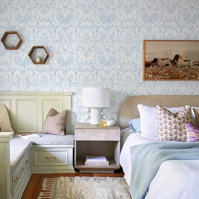 Ismoon Blue and White Wallpaper Floral Peel and Stick Wallpaper 17.3in x 32.8ft Vintage Damask Blue Contact Paper Boho Removable Watercolor Wall Paper for Bedroom Bthroom Kitchen Décor Vinyl