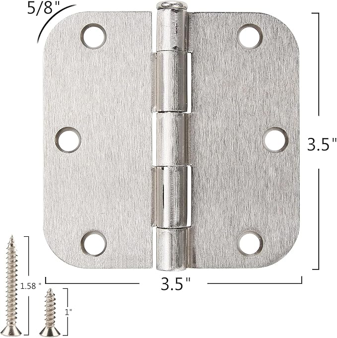 6 Pack Rounded Brushed Nickel Door Hinges 3.5 x 3-1/2" Inch, 5/8" Radius Interior Hardware 3 ½"Cottage Flat Bungalow Mobile Home Skyscraper Indoor Hinge for Doors Use Renovate Bedroom Kitchen