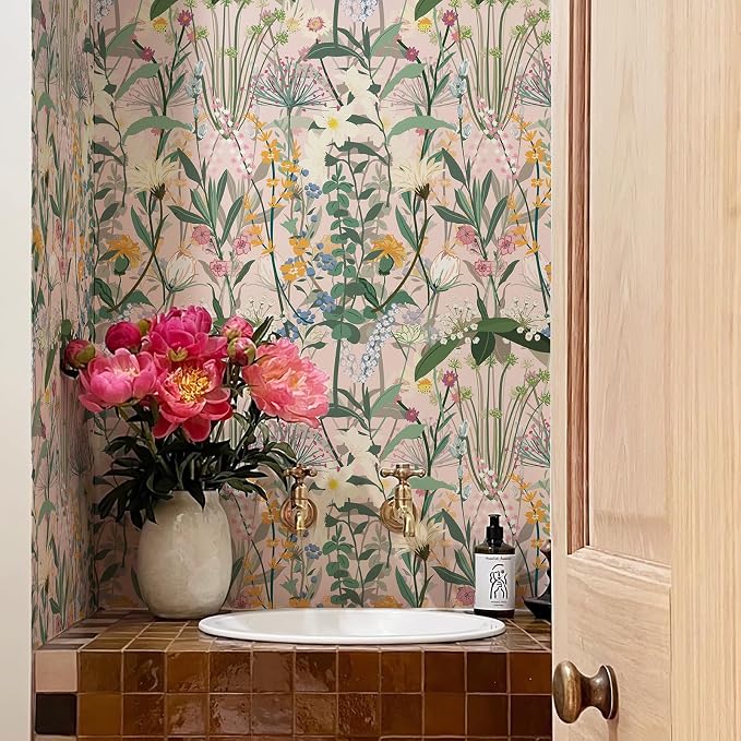 JiffDiff Floral Wallpaper Peel and Stick 17.3"x472" Pink Farm Wildwood Stick on Wallpaper for Home Bedroom Cabinets Thicken Self Adhesive Contact Paper