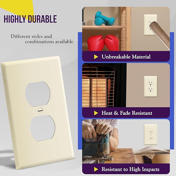 ENERLITES Duplex Receptacle Outlet Wall Plate, Gloss Finish, Midway Size 1-Gang 4.88" x 3.11", Unbreakable Polycarbonate Thermoplastic, UL Listed, 8821M-LA-10PCS, Light Almond, 10 Pack