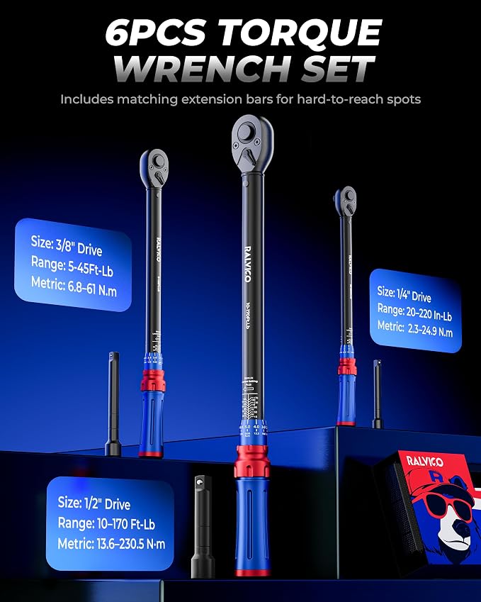 Torque Wrench Set 1/4 3/8 1/2 Inch Drive For Auto Moto Bike Repair | 10–170 ft.lb & 5–45 ft.lb & 20–220 in.lb，3% Accuracy，Quick-Release Head，With Extension Bars，Fits the Natural Curve of Hand