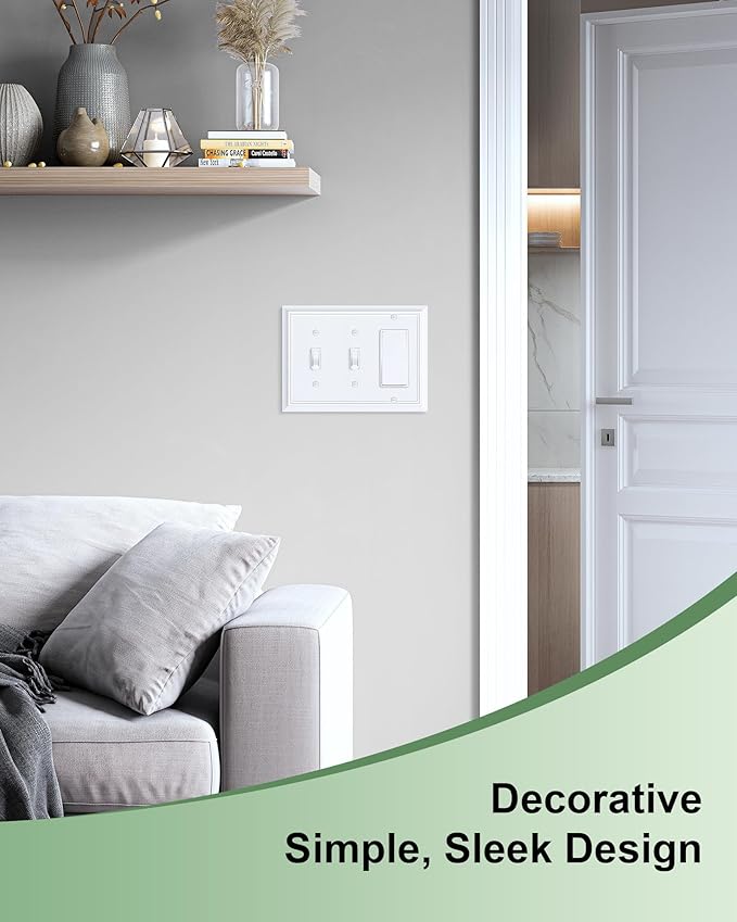2-Pack Combo Double Toggle/Decorator Outlet Cover Plate, Pure White Decorative Switch Plates and Outlet Covers, Durable Natural Bamboo Fiber Wall Plates for Electrical Outlets, Receptacle, GFCI Outlet