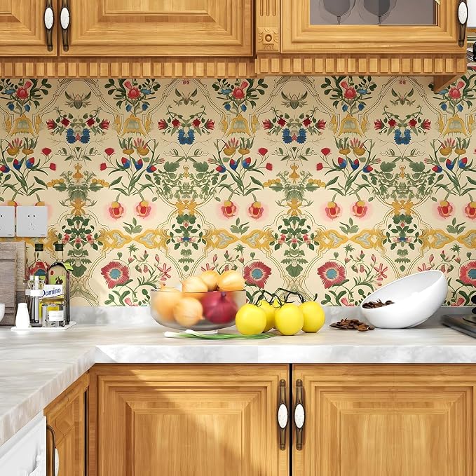 ILHIIOR Yellow Floral Peel and Stick Wallpaper - Boho Vintage Leaf Pattern - Removable Self Adhesive for Cabinet Drawers - 17.5''x393''