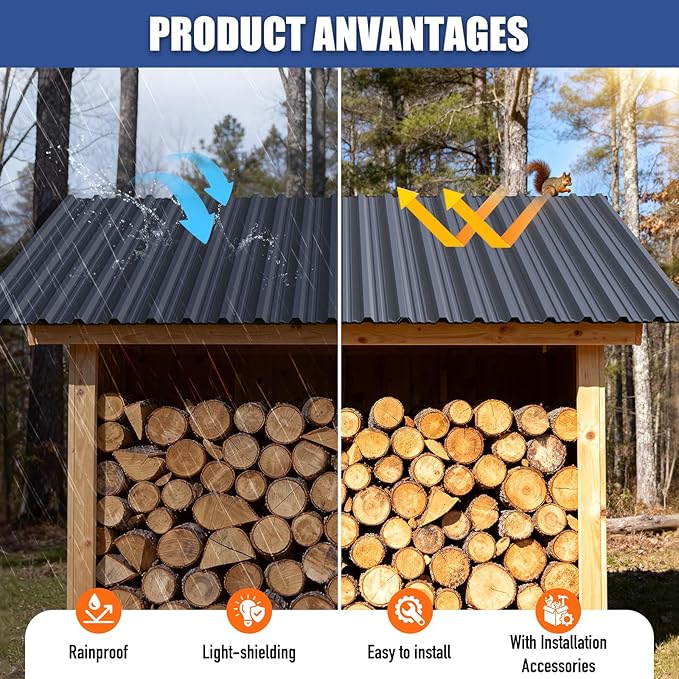 Brakki Metal Roofing Panels 10pcs 55.7 ft², 45.28"L Grey Corrugated Galvanized Steel Roof Panels with Screw, Heavy Duty Metal Siding Suitable for Garages Chicken Coop Sheds Stables Patio