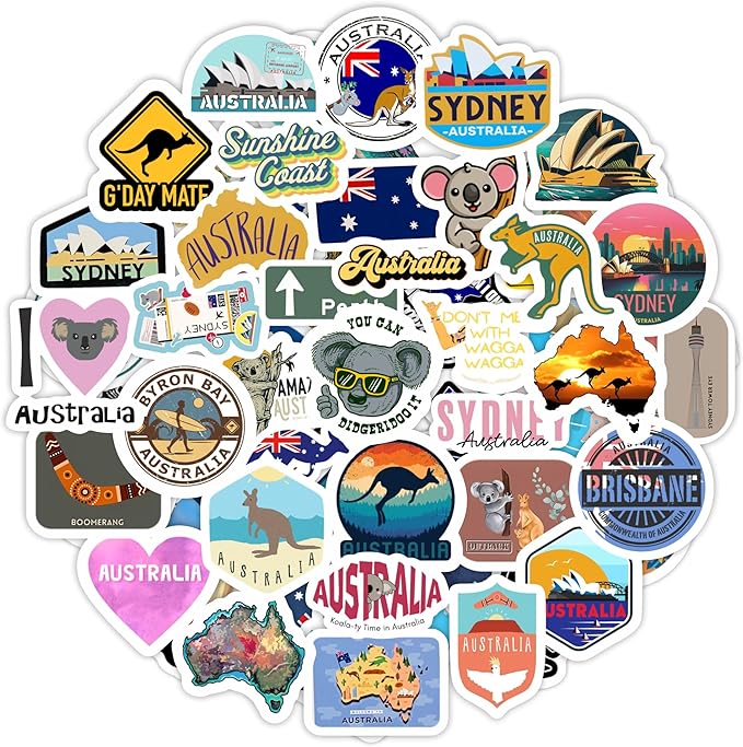 BulbaCraft Australia Stickers for Water Bottle and Laptop - Australia Party Supplies & Decorations, Waterproof Vinyl Decals, Australian Flag and Culture Stickers, Gifts for Women & Men