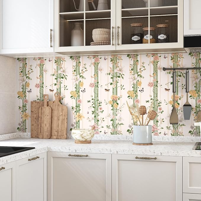 BOKEBEVE Boho Floral Peel Stick Wallpaper Beige Pink 17.5 x 393.5In | Extra Long Leaf Contact Paper Modern Wall Paper for Bedroom Accent Walls Laundry Nursery Pantry Renter Friendly Removable
