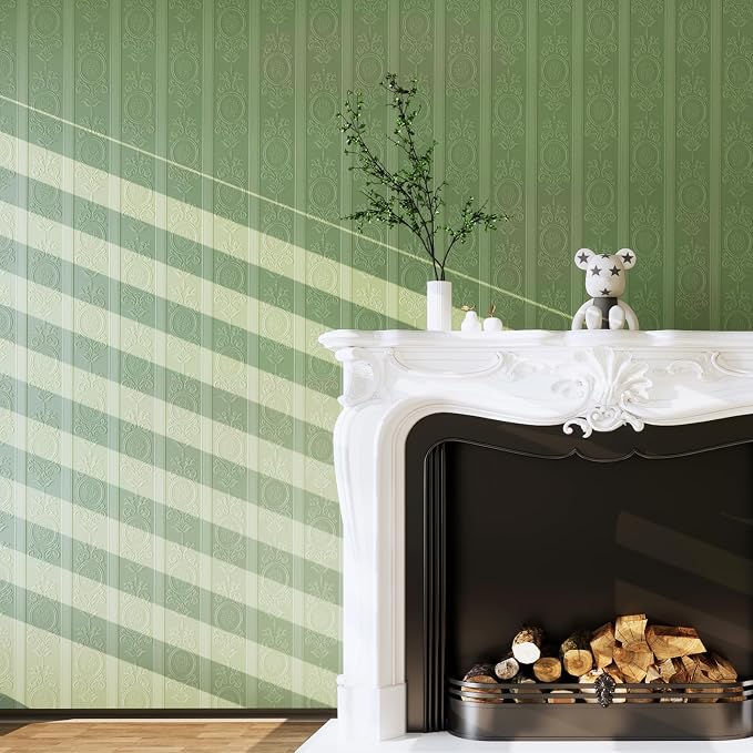 Green 3D Embossed Textured Peel Stick Wallpaper 17.3"x400" | Removable Renter Friendly Contact Paper, Waterproof Self Adhesive Wallpaper for Bedroom, Bathroom, Decor,48 sq.