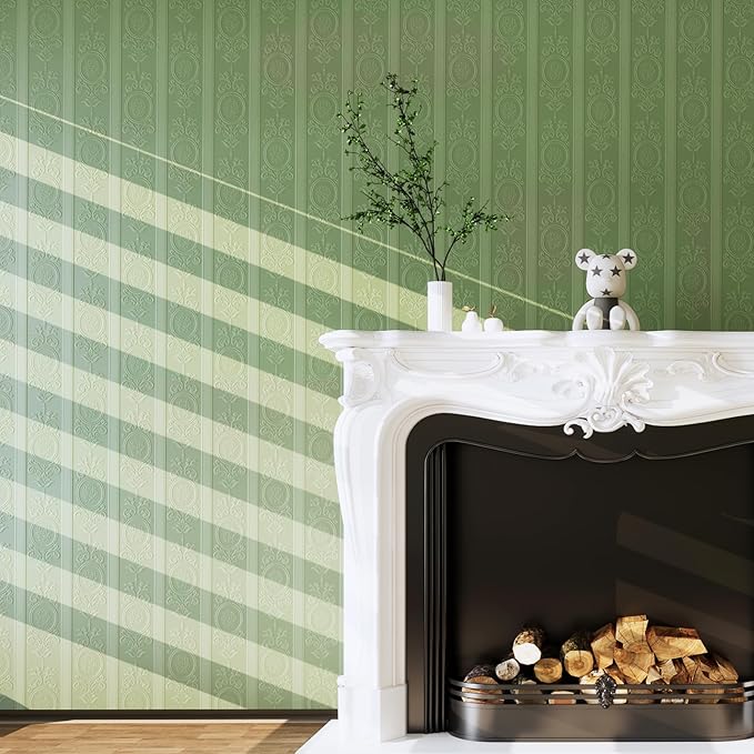 Green 3D Embossed Textured Peel Stick Wallpaper 17.3"x120" | Removable Renter Friendly Contact Paper, Waterproof Self Adhesive Wallpaper for Bedroom, Bathroom, Decor,14.4 sq.