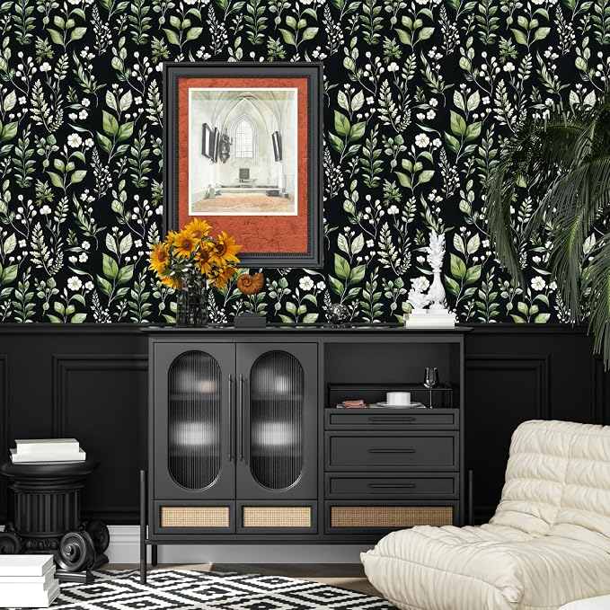 Danodoi Black Green Vintage Leaf Peel and Stick Wallpaper 17.5" x 118" | Waterproof Vinyl Self Adhesive Removable Renter Friendly Floral Contact Paper