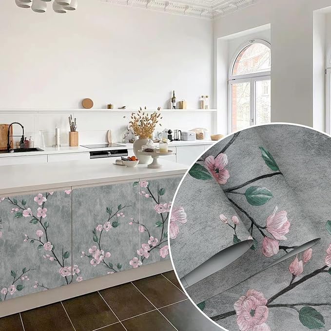 Floral Peel and Stick Wallpaper Flower Tree Contact Paper A Set of 17.5"x480" Self Adhesive Removable Modern Grey Wall Paper Decorative Wall Covering Countertop Vinyl Film Roll