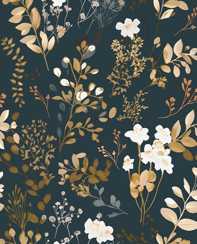 Vintage Dark Navy Gold Floral Peel and Stick Wallpaper 17.5"x787" | Self Adhesive/Removable/Waterproof/Thick Vinyl Extra Long Contact Paper for Bathroom Bedroom Shelf Cabinet Drawer,Prepasted