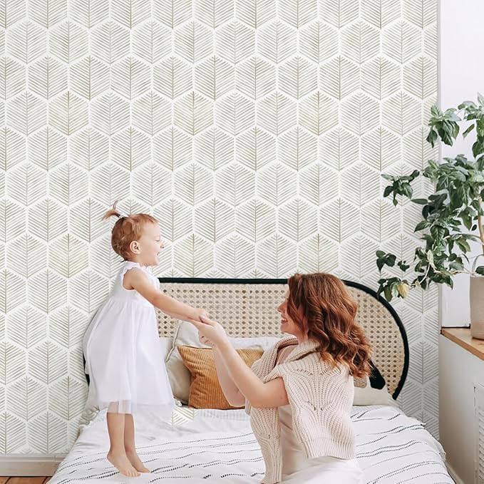 MelunMer Geometric Peel and Stick Wallpaper Boho Beige White 17.3''×276'' | Beige Modern Self Adhesive Removable Wallpaper for Bathroom Waterproof Cabinets Drawer, Decor Easy to Install Renter Friendly