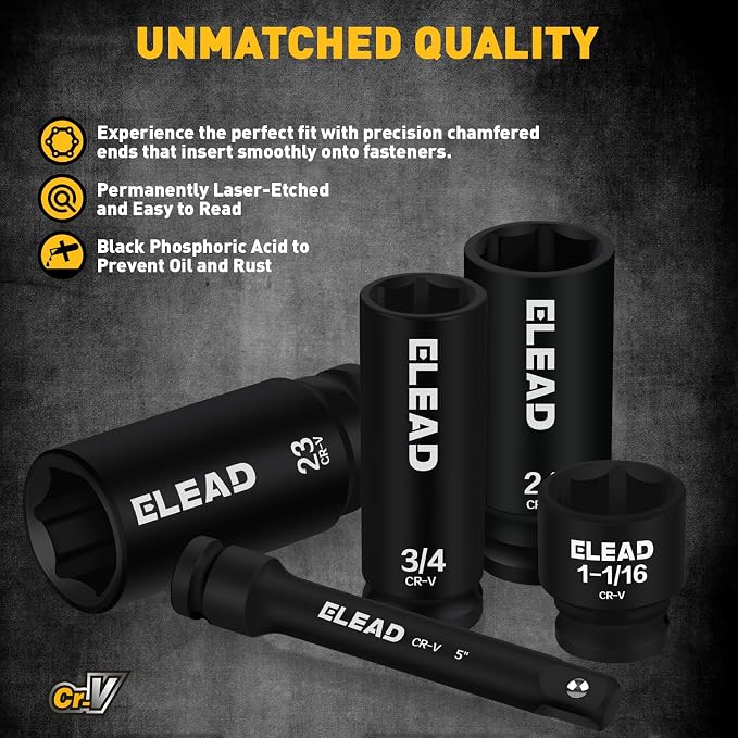 67 Piece 1/2" Drive Deep Impact Socket Set: Standard SAE (3/8"-1-1/4") & Metric (8-24 mm), Including 3 ", 5", 10" Extension Bar, Universal Joint, Ratchet Handle and Adapter