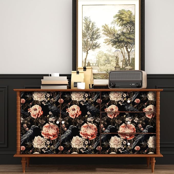 ILHIIOR Black Crow Floral Peel and Stick Wallpaper 17.5 x 118 Inches | Leaf Removable Self Adhesive Waterproof Contact Paper, Renter Friendly Decor for Cabinets, Drawers & Bedroom Walls