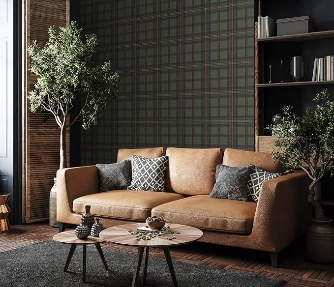 NextWall Harry & Grace Herringbone Plaid Premium Matte Non-Woven Peel and Stick Wallpaper (Adobe & Antique Green)