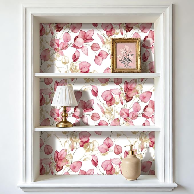 Livelynine Pink White Gold Wallpaper Peel and Stick Contact Paper Botanical | Pink White and Gold Wallpaper Adhesive Contact Paper Removable Modern Botanical Nature Inspired Eucalyptus Leaf 17.5x78.8"