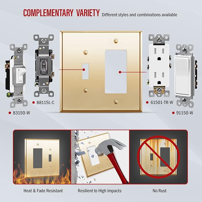ENERLITES Combination Toggle Switch and Decorator Receptacle Metal Wall Plate, Stainless Steel 201 Outlet Cover, Corrosion-Resistant, Mid-Size 2-Gang 4.88" x 4.92", 771131M-PB, Polished Brass