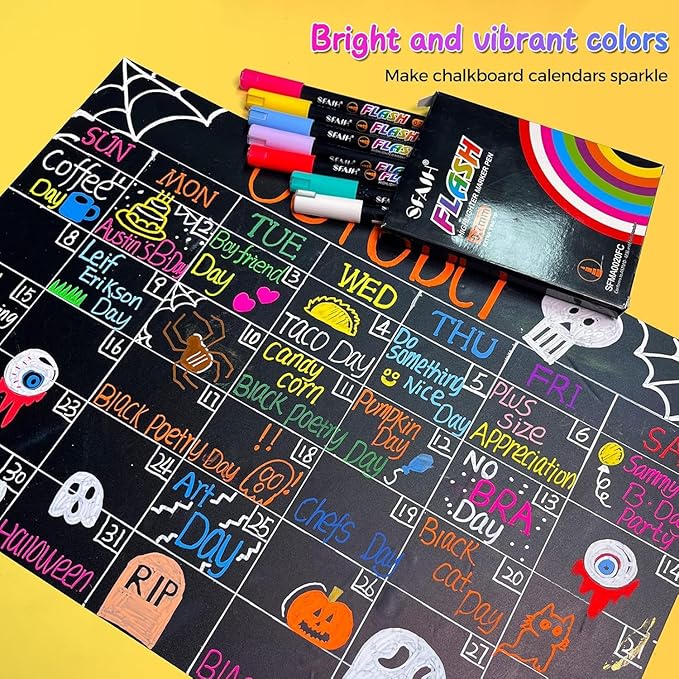 SFAIH Liquid Chalk Markers for Blackboard - Vibrant 24 Colors 0.7mm Fine Tip, Wet Erase Marker for Chalkboard, Menu, Bistro, Signs, Windows, Glass, Labels, Dust-Free [1s Wet Wipe] - No Residue