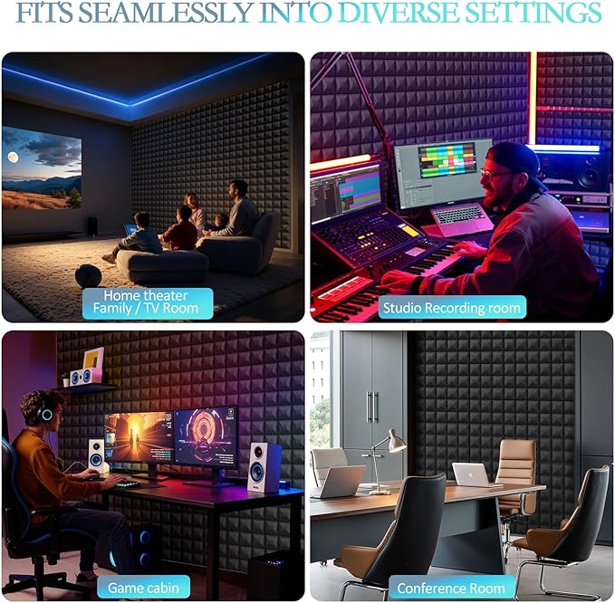 JBER 24 Pack 2" X 12" X 12" Acoustic Foam Panels,Soundproofing Wall Studio foam Panels wedges,Sound Insulation Absorbing Acoustic Treatment,9 Blocks Beveled Mushroom Fireproof Design - Black