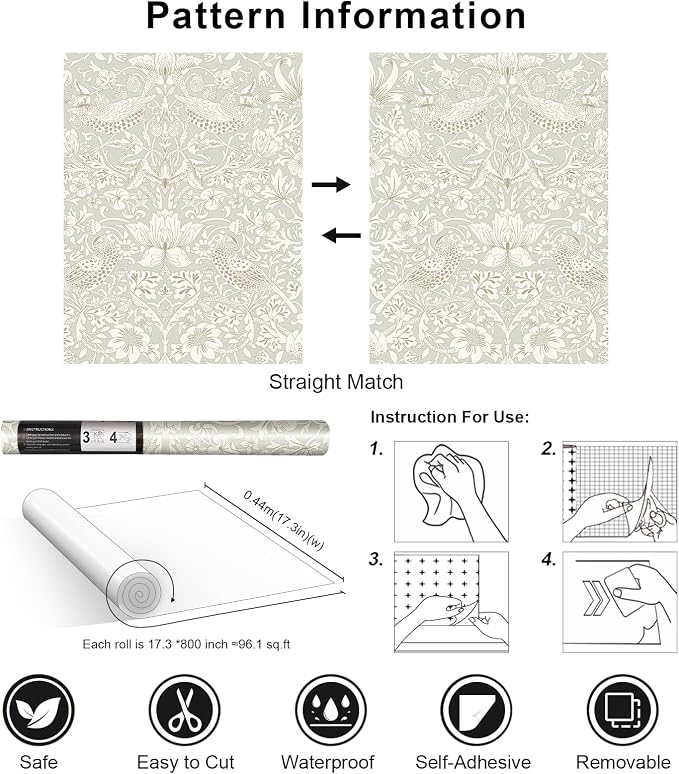 HueBurst William Morris Vintage Peel and Stick Wallpaper 17.7 x 800in Grey Botanical Self Adhesive Removable Waterproof Contact Paper for Living Room Bedroom Cabinets Drawers Decor