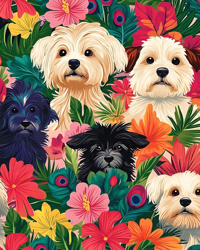 BOKEBEVE Dogs Floral Wallpaper Peel and Stick Boho Colorful 17.5 x 393.5In | Extra Long Removable Renter Friendly Vintage Floral Wall Paper for Bedroom Bathroom Cabinet Drawer Feature Accent Wall