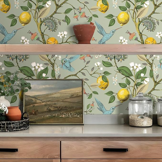 Livelynine 17.5x591 Vintage Peel and Stick Wallpaper Birds Flowers Kitchen Wallpaper Sage Green Floral Gold Lemons Trees Boho Blue Bird Self Adhesive Contact Paper Decorative Cabinet Vinyl Wrap Walls