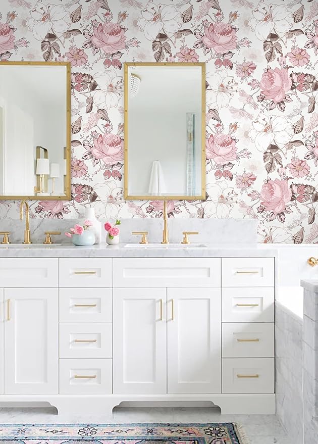 Hopepak Floral Peel and Stick Wallpaper Modern Pink Wall Paper Self Adhesive Removable Contact Paper for Girls Bedroom Cabinets Bathroom Nursery Home Decoration 16.1'' x 118''