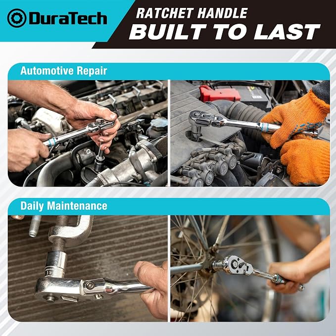 DURATECH 1/2-Inch Flex-Head Ratchet, 90-Tooth Quick-Release Ratchet Wrench | Socket Wrench with 180° Pivoting Head and 7-Position Setting, Reversible, CR-V Made, CR-MO Head, 4° Swing, Full Polished
