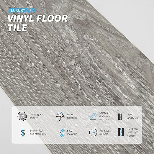 Art3d Peel and Stick Floor Tile Vinyl Wood Plank 12-Pack 18 Sq.Ft, Light Grey, Rigid Surface Hard Core Easy DIY Self-Adhesive Flooring