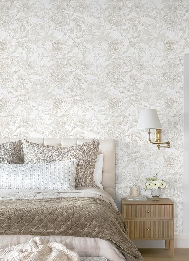 393"x17.3" Peel and Stick Wallpaper Floral Beige Neutral White Boho Contact Paper Modern Wallpaper Removable Self Adhesive Wall Paper Bedroom Bathroom Kitchen Thicken Waterproof Vinyl Roll