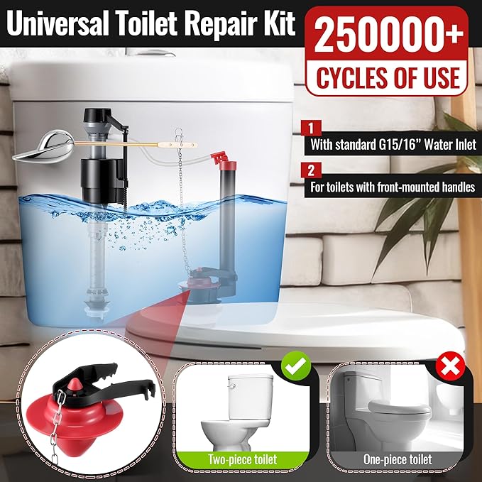 2 Inch Toilet Flusher Replacement Kit, Toilet Flusher Repair Kit Include Adjustable Fill Valve with Flapper, Metal Front Flush Handle, Gasket and Bolts, Anti-Siphon Repair Parts Tank(2 Set)